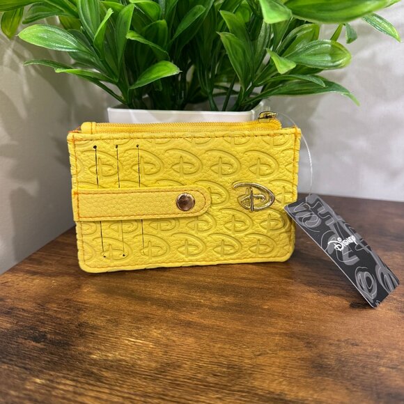 Wallet ID Card Holder - Disney Signature D Debossed Yellow PU with Gold Metal D - Picture 1 of 3